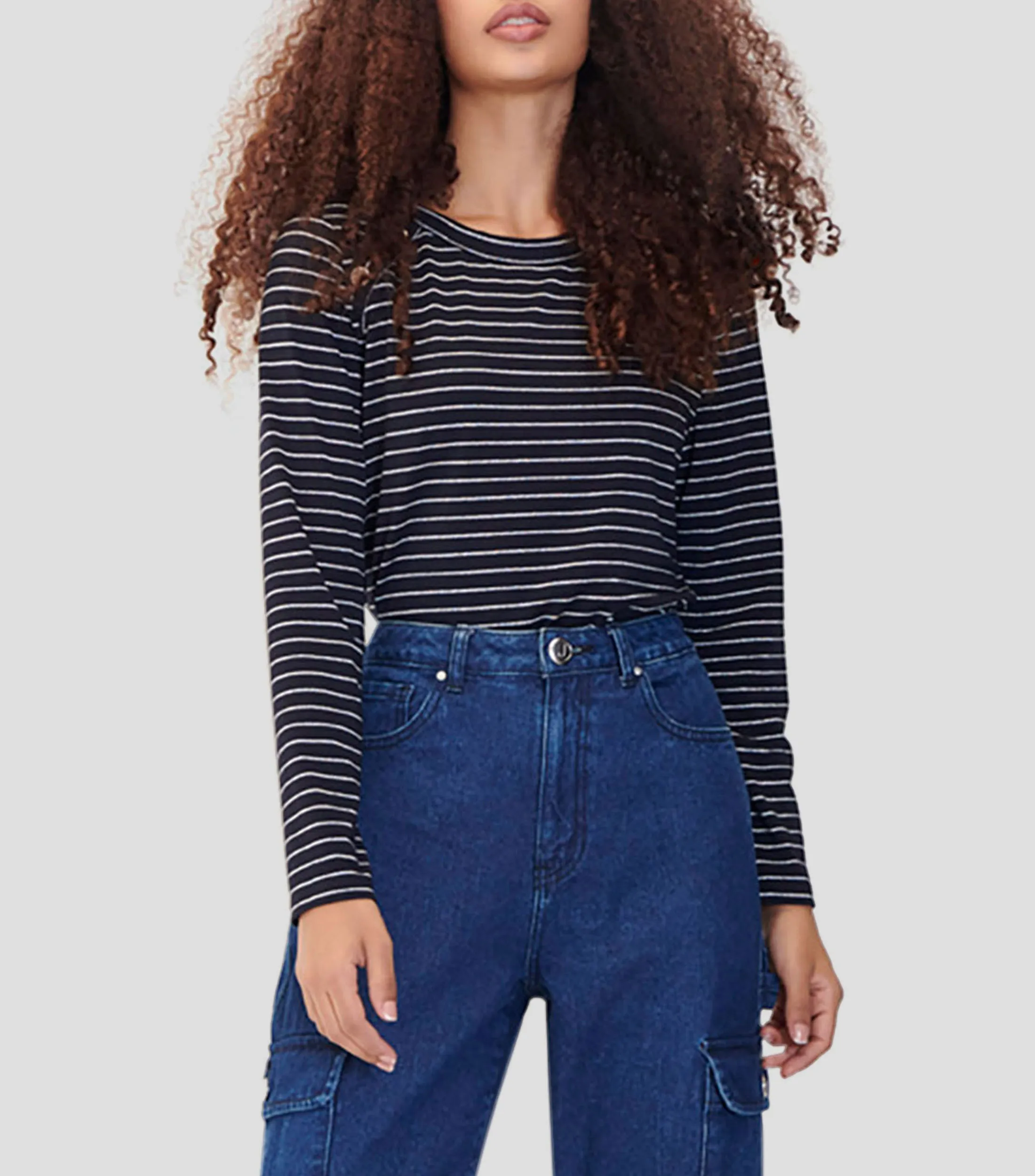 Julio Blusa de Punto Azul Marino Rayas Botones Metálicos Mujer
