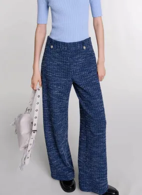 MAJE Pantalón ancho de tweed de algodón mezclado en azul