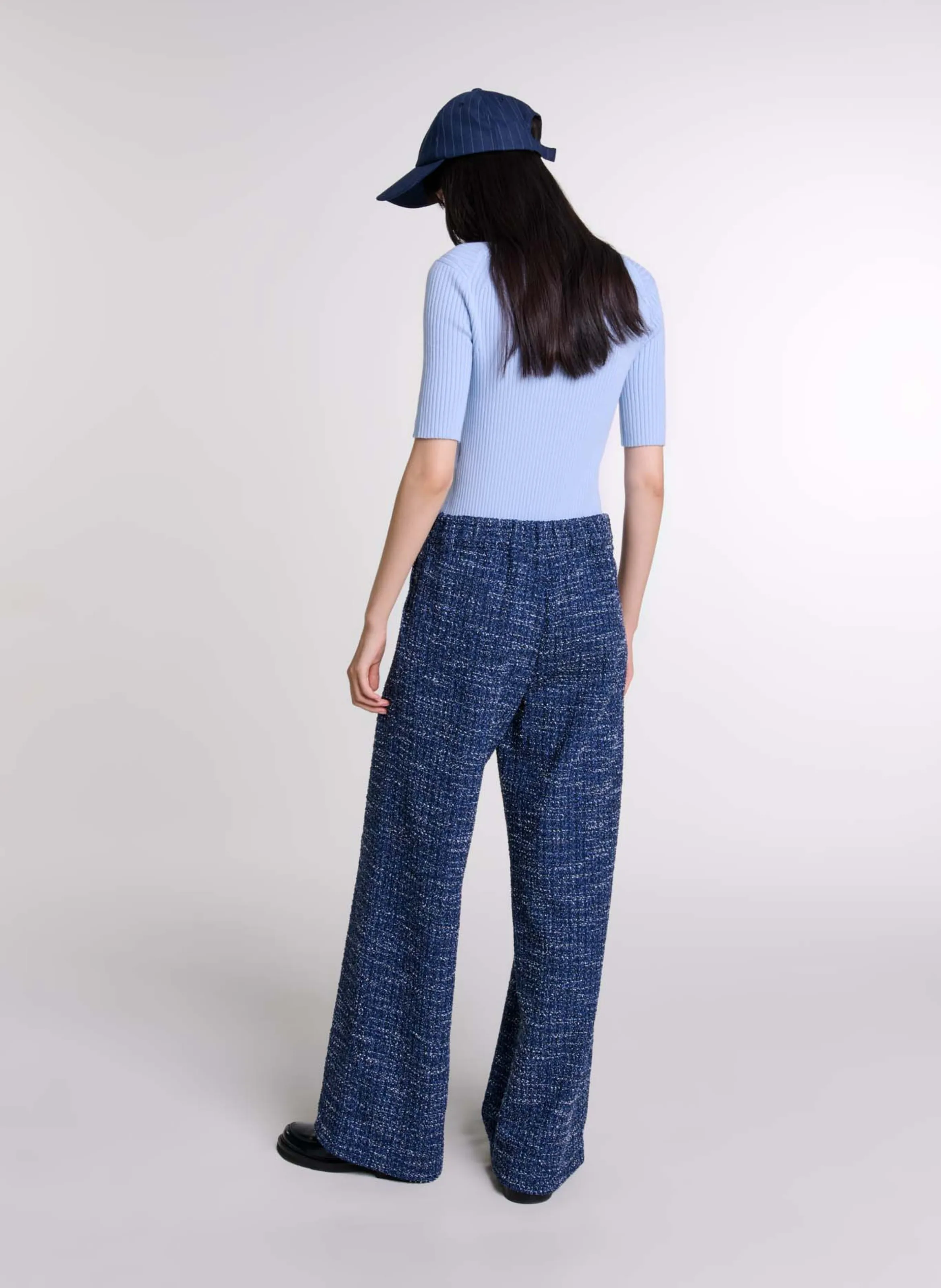 MAJE Pantalón ancho de tweed de algodón mezclado en azul