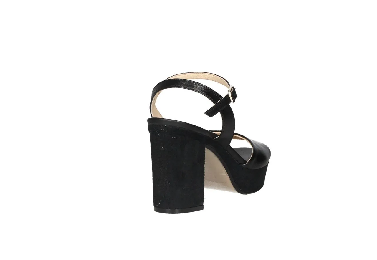 Sandalia Piel Negro Tacon Alto Ante Plataforma