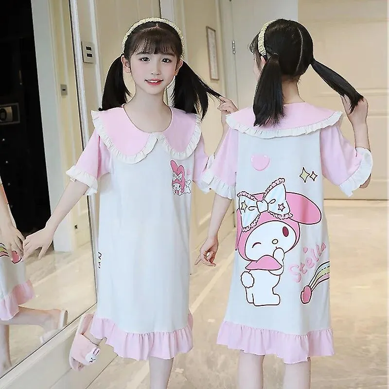 Sanrio Kawaii Cinnamoroll Kuromi My Melody Parent-child Summer Kids Nightdress Short Sleeve Girls Dress Pajama Homewear Gift